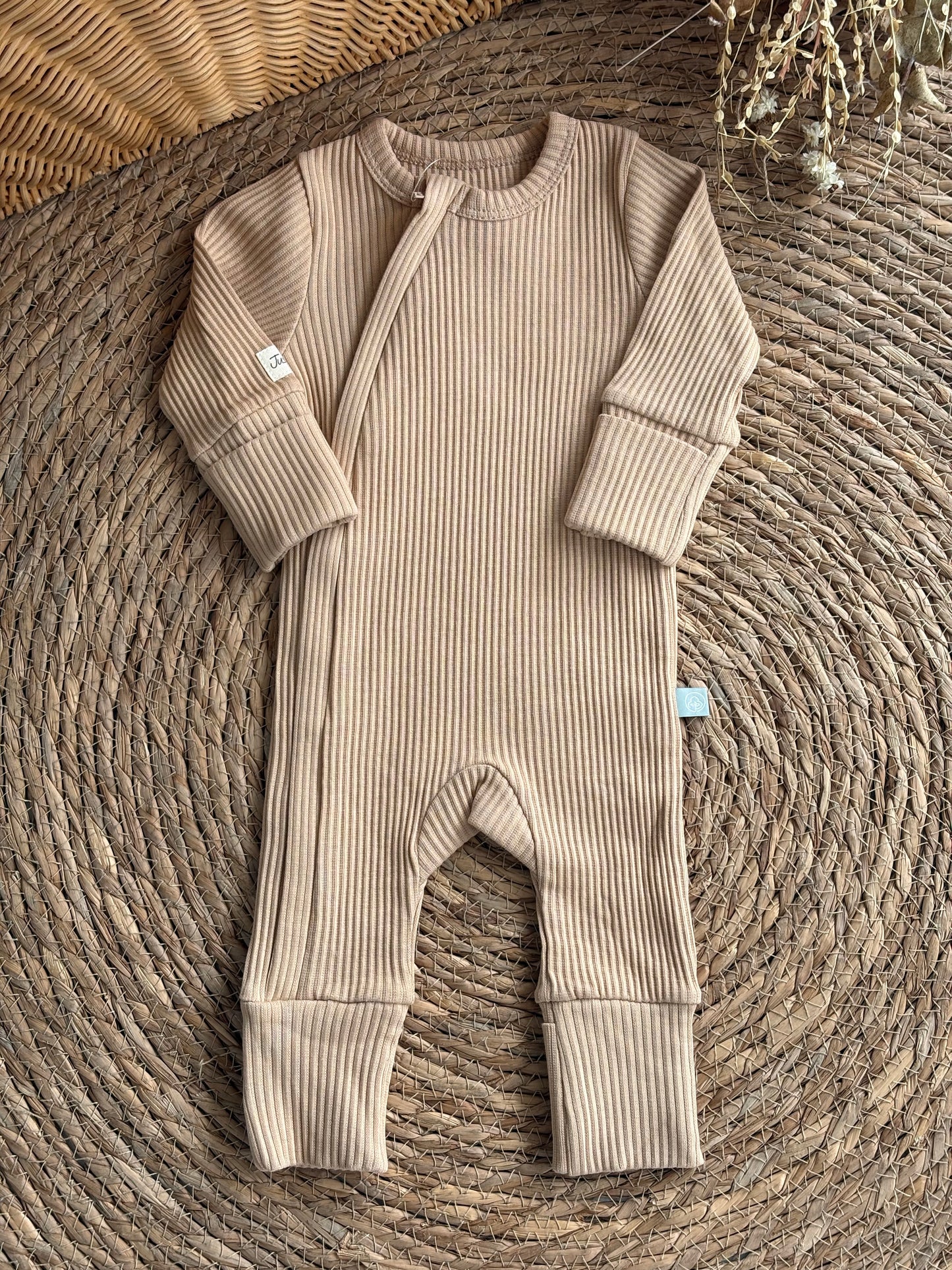 Ribbed Zip Overall-Beige