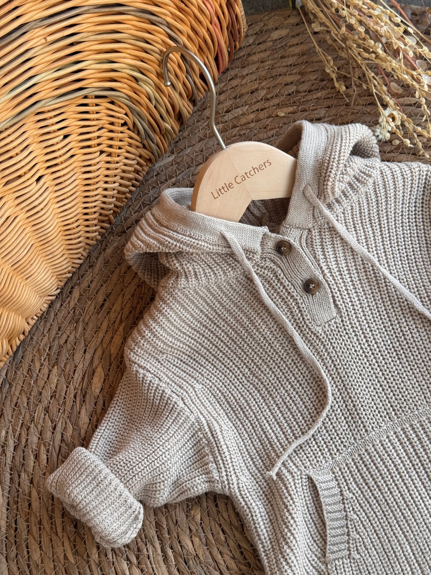 Ribbed Baby Knit Romper-Beige