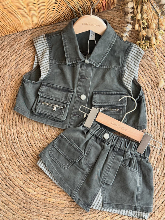Cargo Denim Vest & Skirt Set