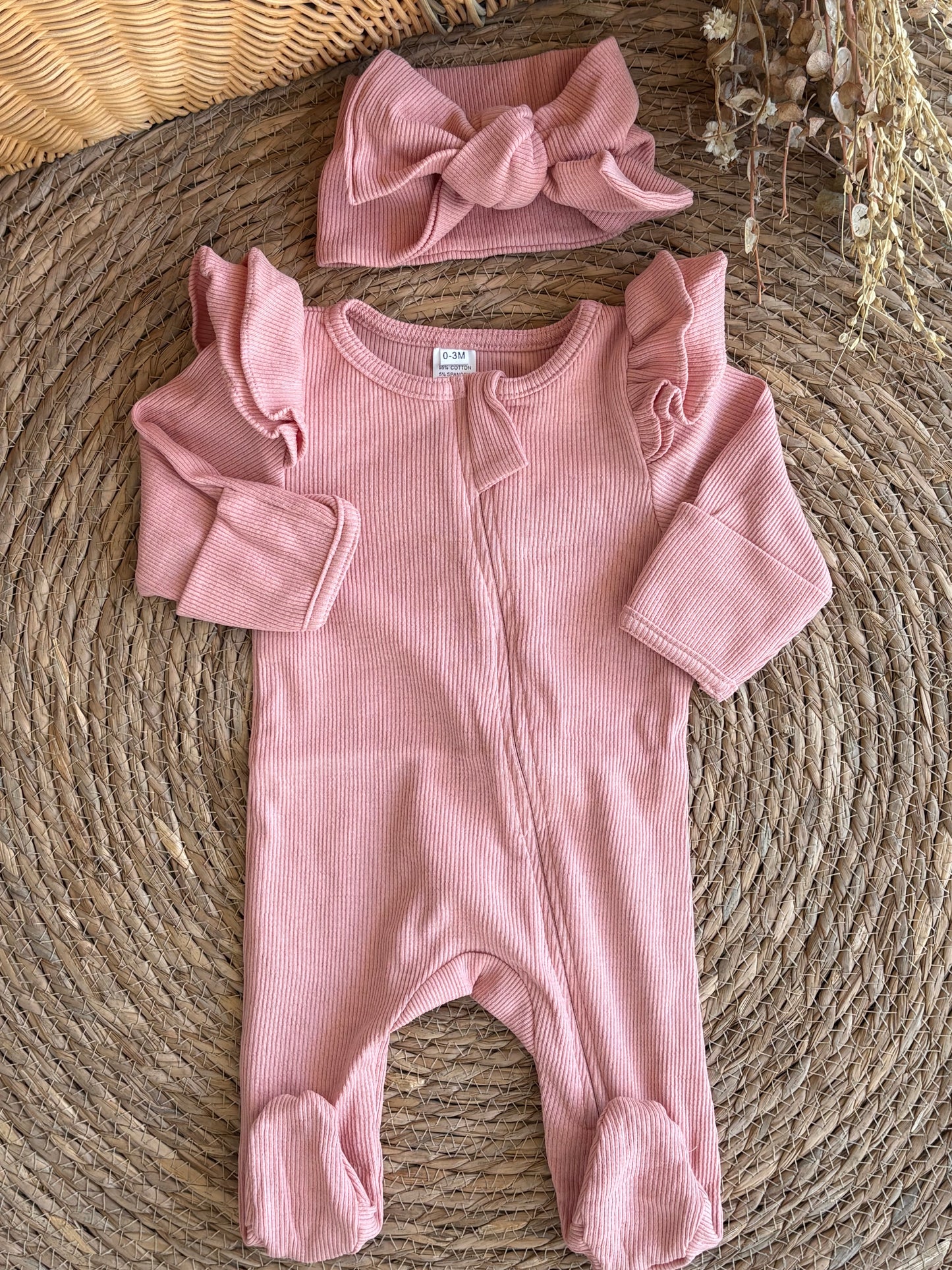 Ribbed Ruffle Footed Overall With Headbands-Baby blush
