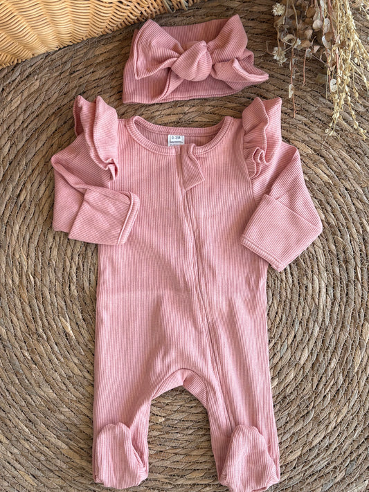Ribbed Ruffle Footed Overall With Headbands-Baby blush