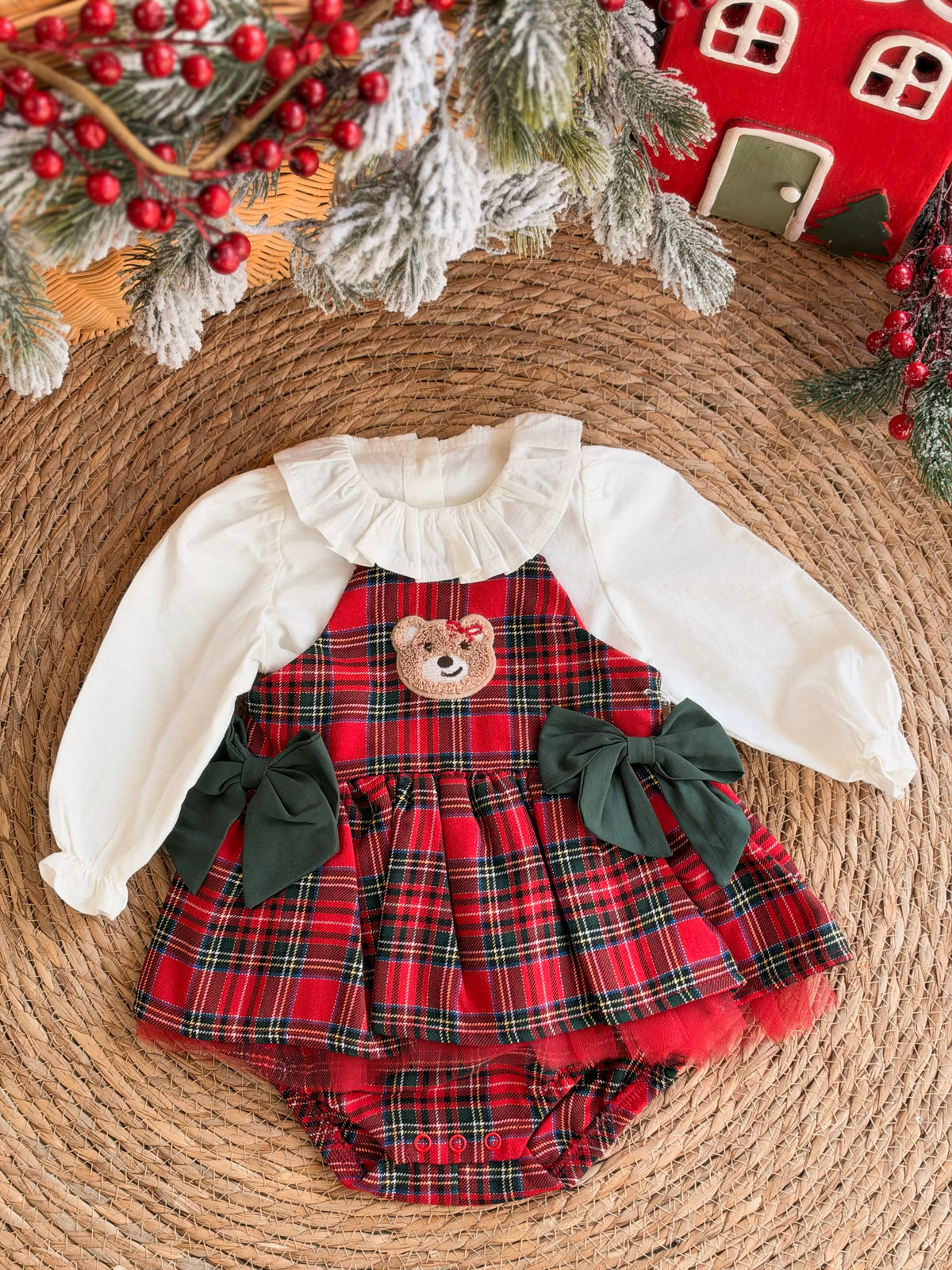 Red Tartan Baby Pinafore Dress With Teddy Bear