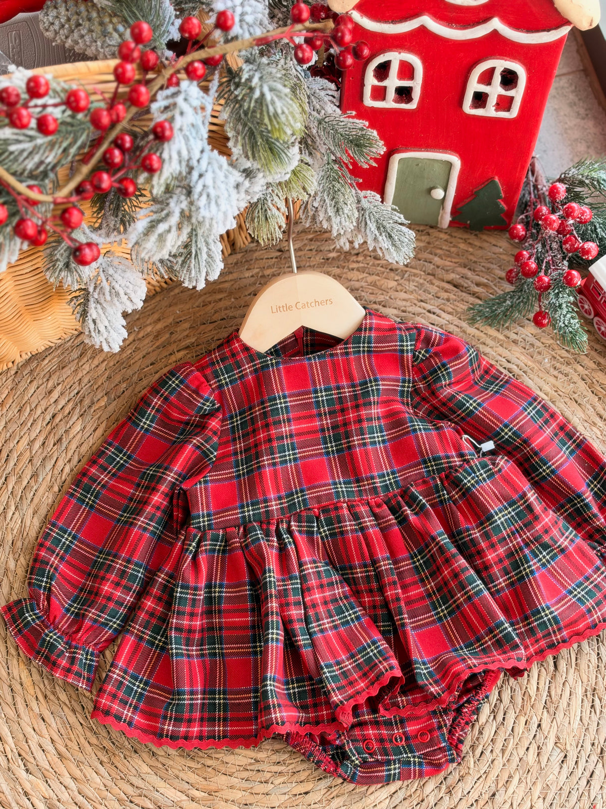 Red Tartan Baby Dress With Tulle Cape