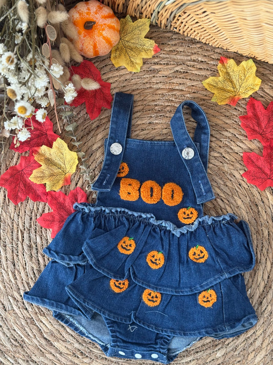 Denim Pumpkin Boo Baby Romper 🎃