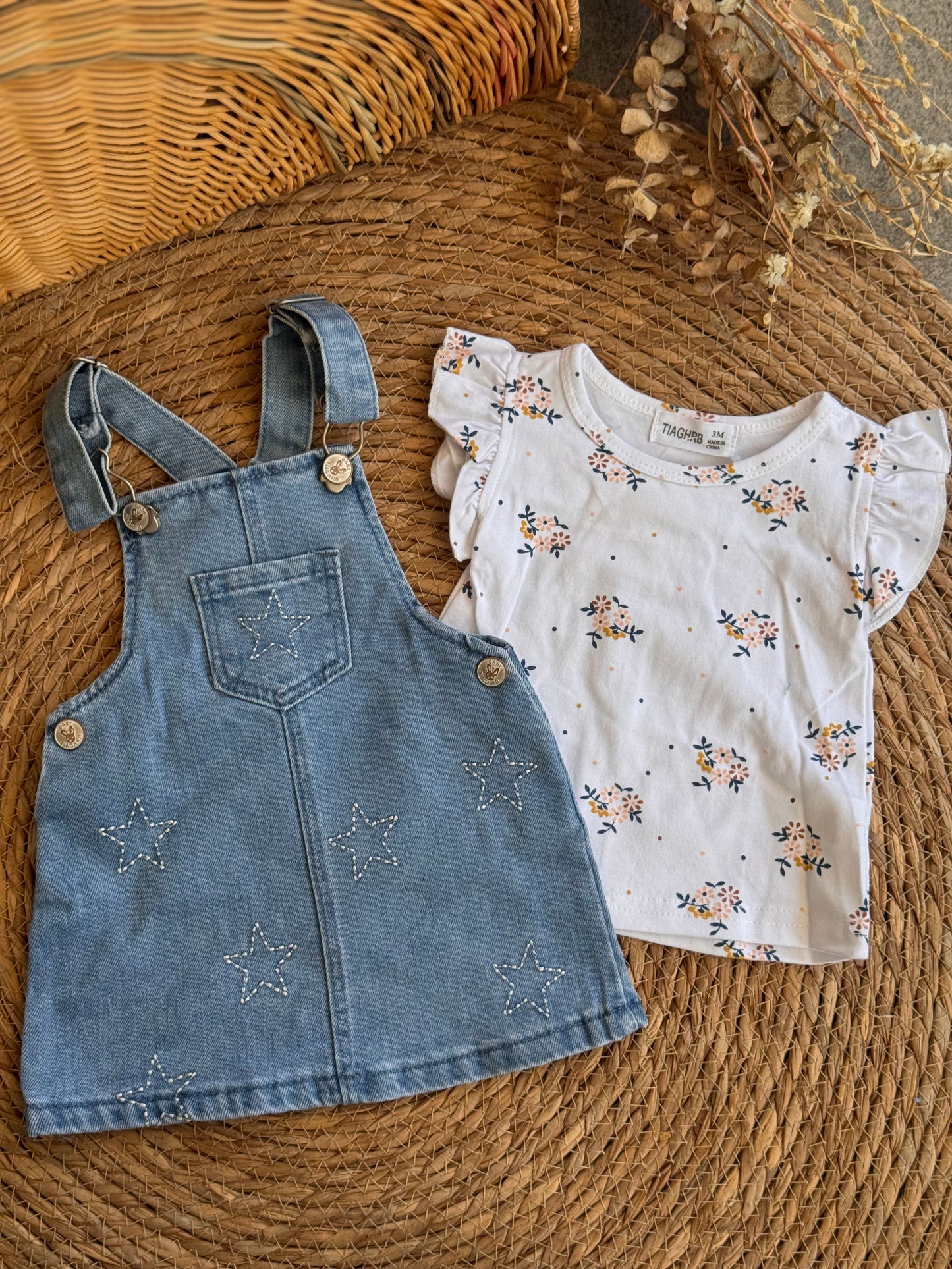 Baby Floral Tee & Star Denim Pinafore Set