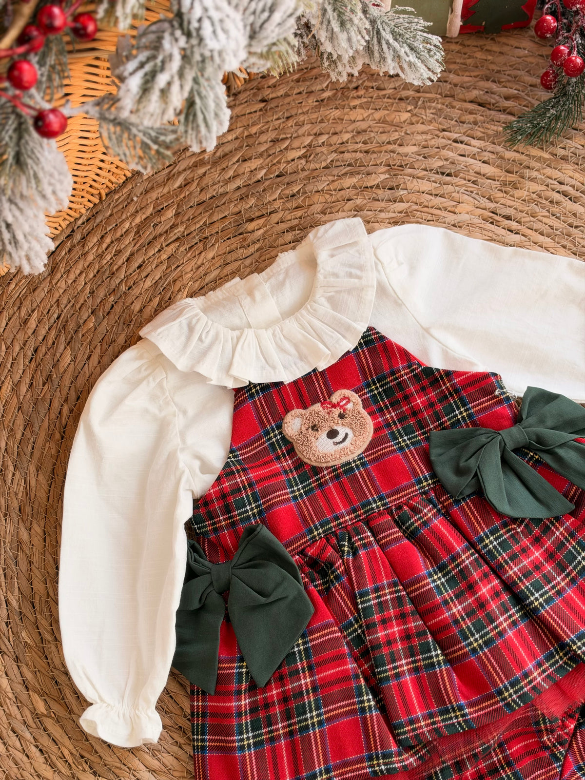 Red Tartan Baby Pinafore Dress With Teddy Bear
