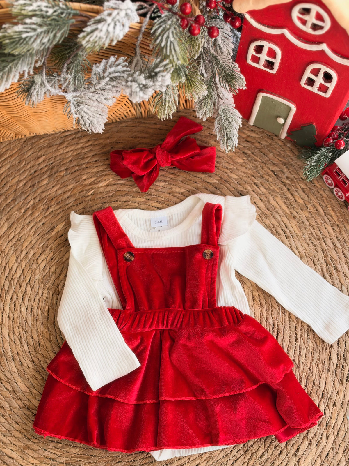 Red Velvet Baby Pinafore Dress With White Blouse & Headband