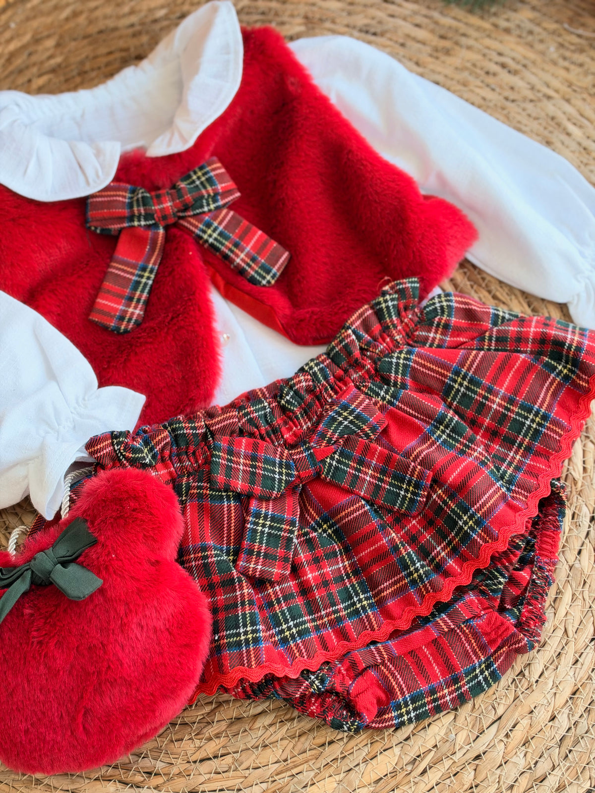 Little Miss Christmas-Red Velvet & Tartan Skirt Set of 4 pcs