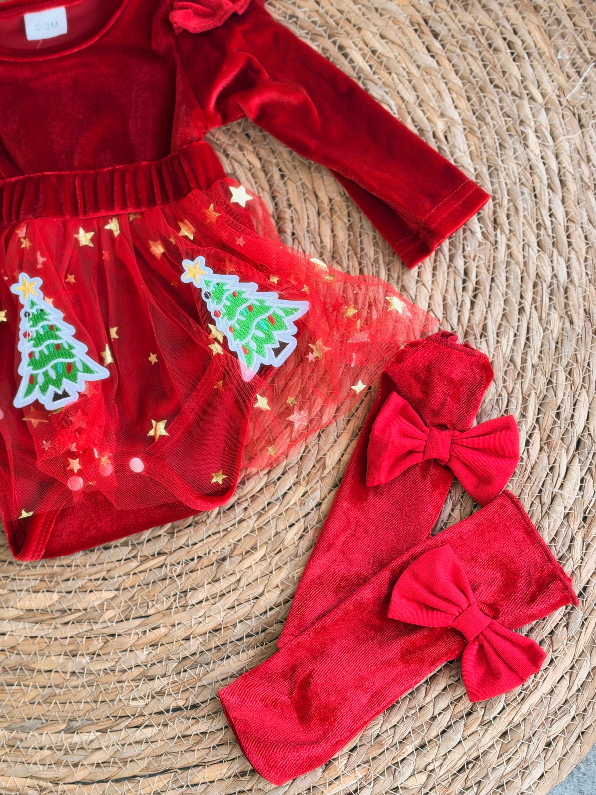 Emerald Christmas Tree Velvet Baby Dress Set-Red