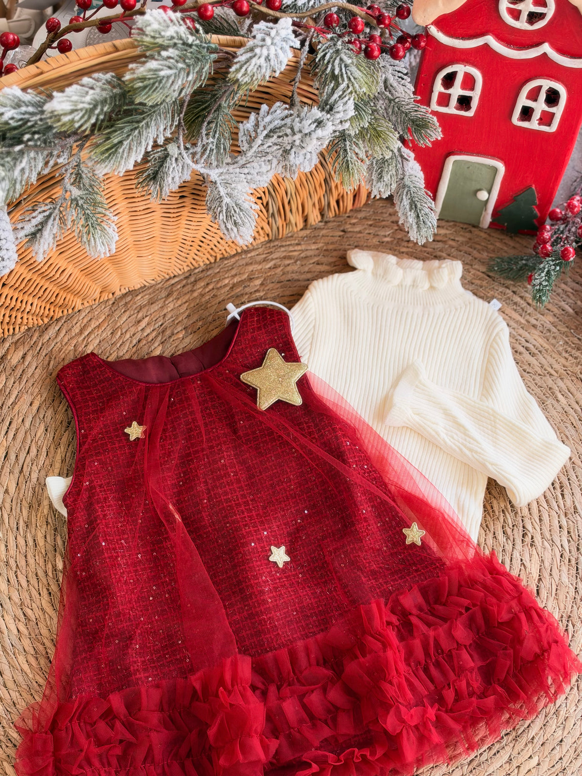Christmas Star Red Velvet Girl Dress With Ivory Knit Sweater