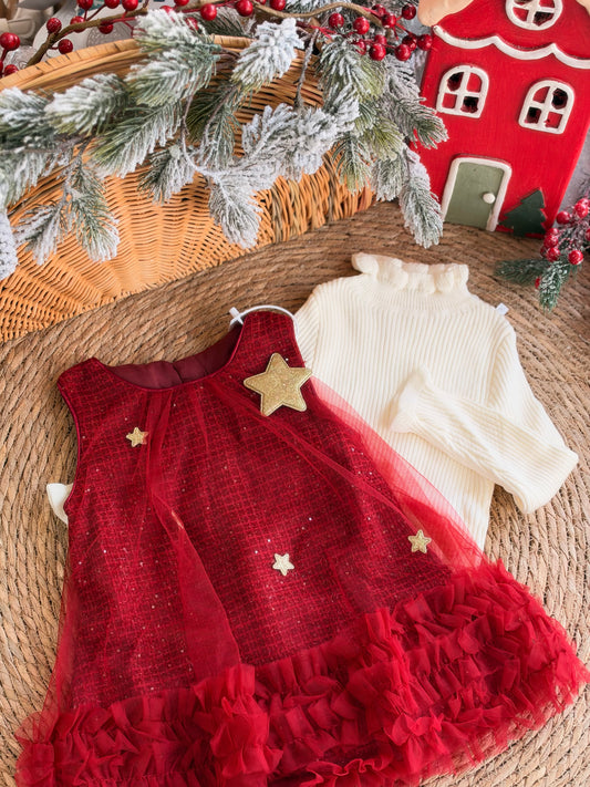 Christmas Star Red Velvet Girl Dress With Ivory Knit Sweater