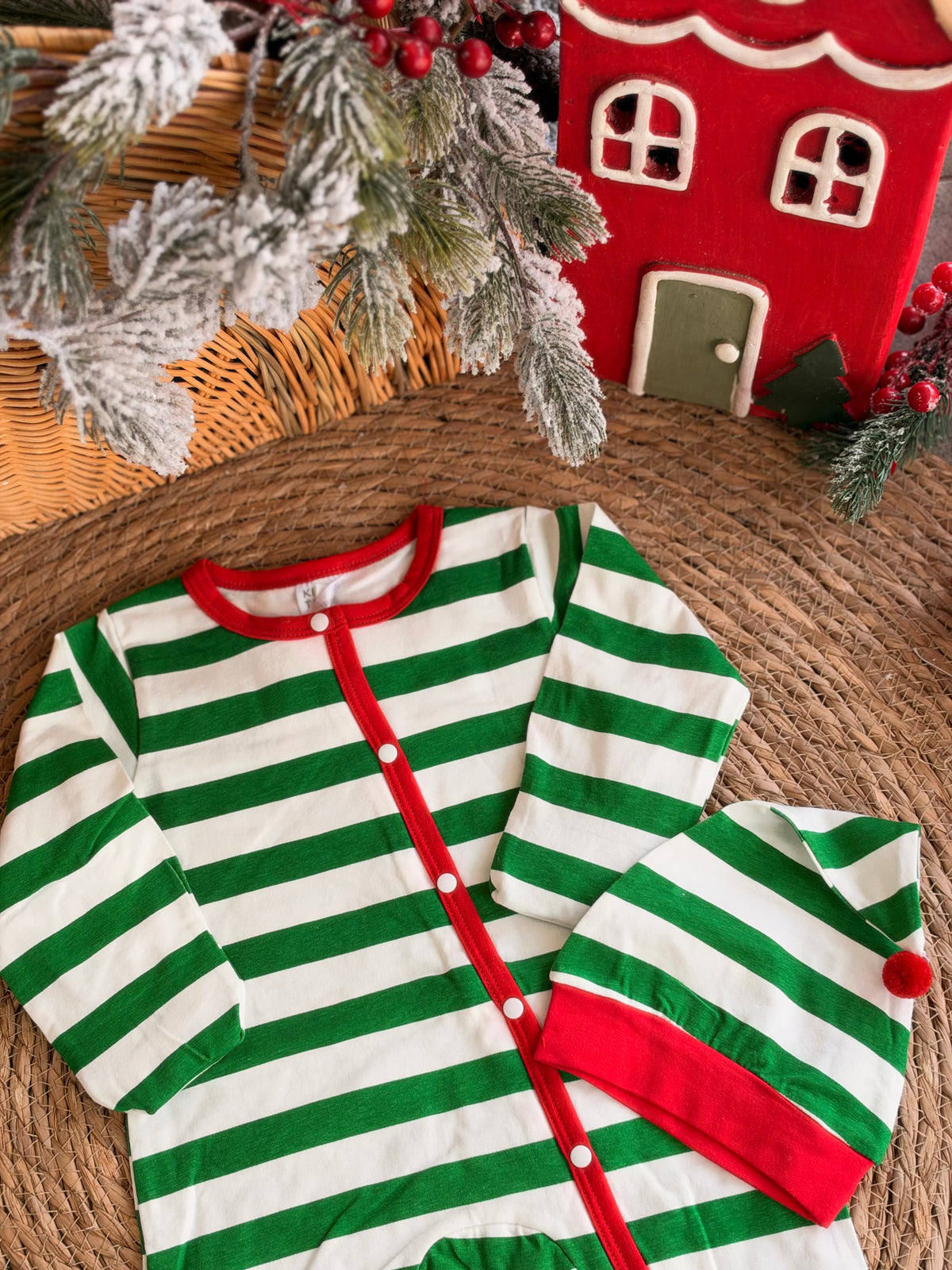 Christmas Elf Overall with hat-Green & White Stripes