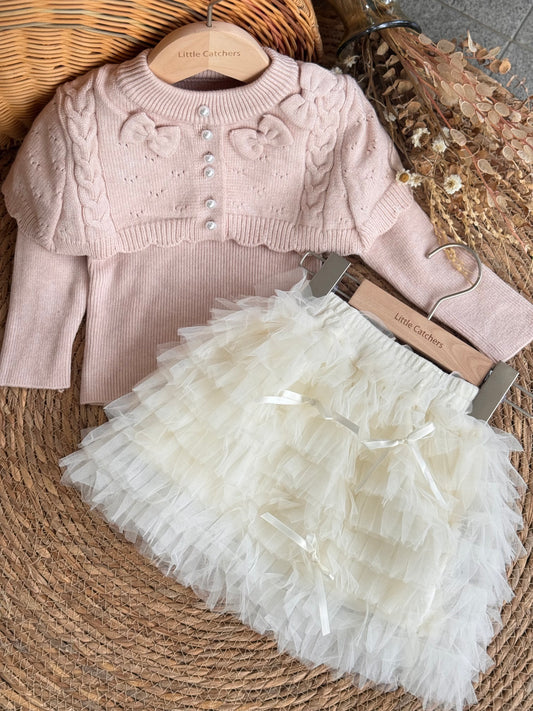 Blush Bow Knit & Tulle Skirt Set