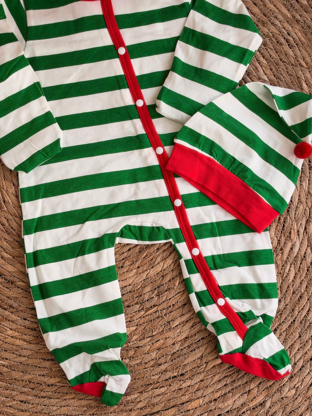 Christmas Elf Overall with hat-Green & White Stripes