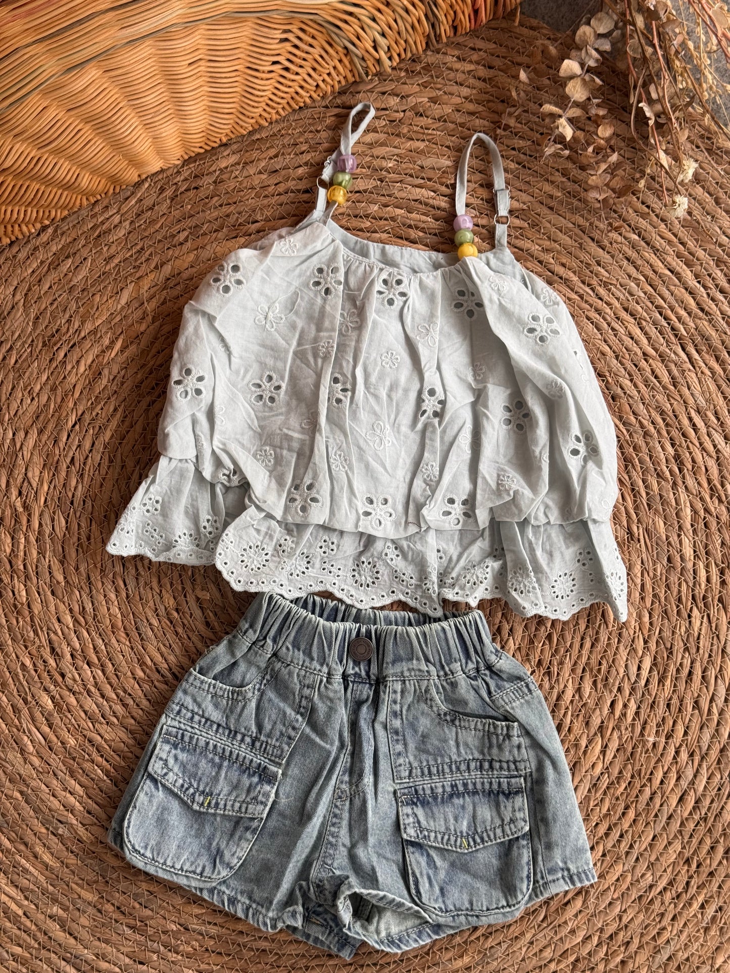 Pastel Bead Eyelet Top & Denim Cargo Shorts Set