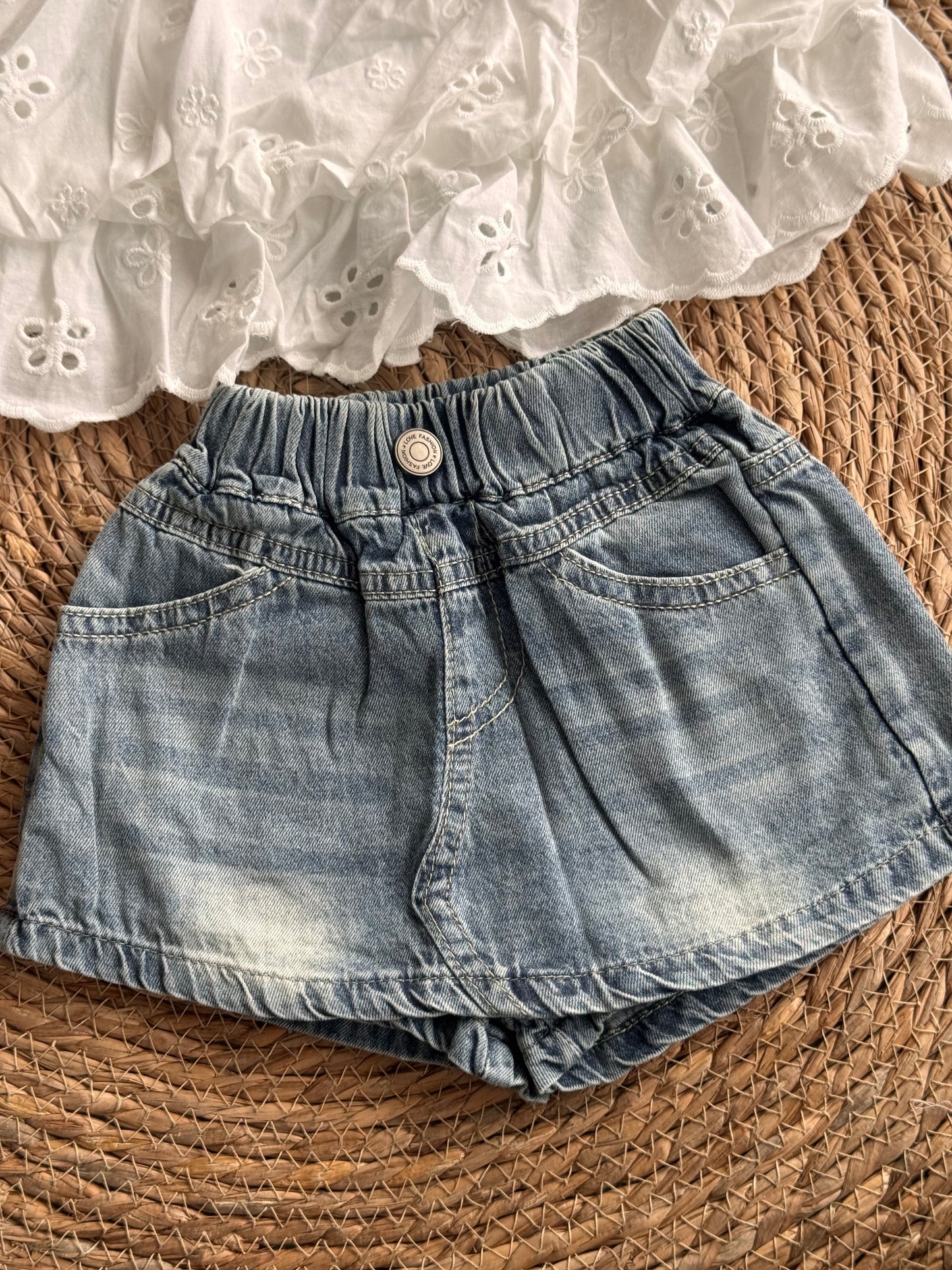 Sweet Eyelet Bead Strap Top & Denim Skort Set
