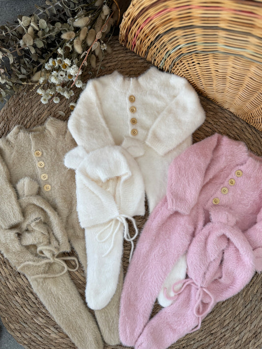 Fluffy Knit Baby Romper with Bonnet