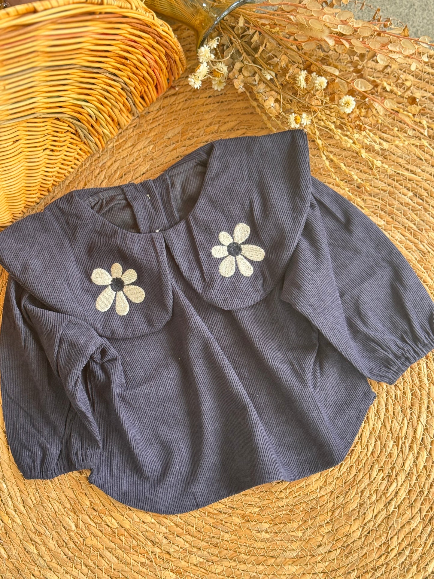 Daisy Collar Corduroy Blouse-Navy Blue