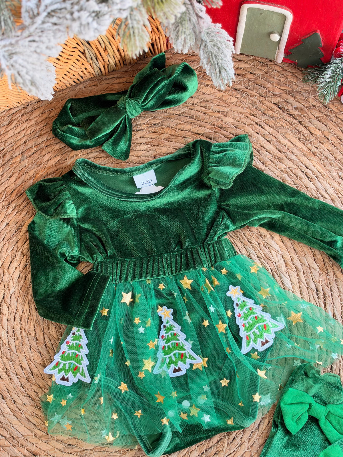 Emerald Christmas Tree Velvet Baby Dress Set-Green