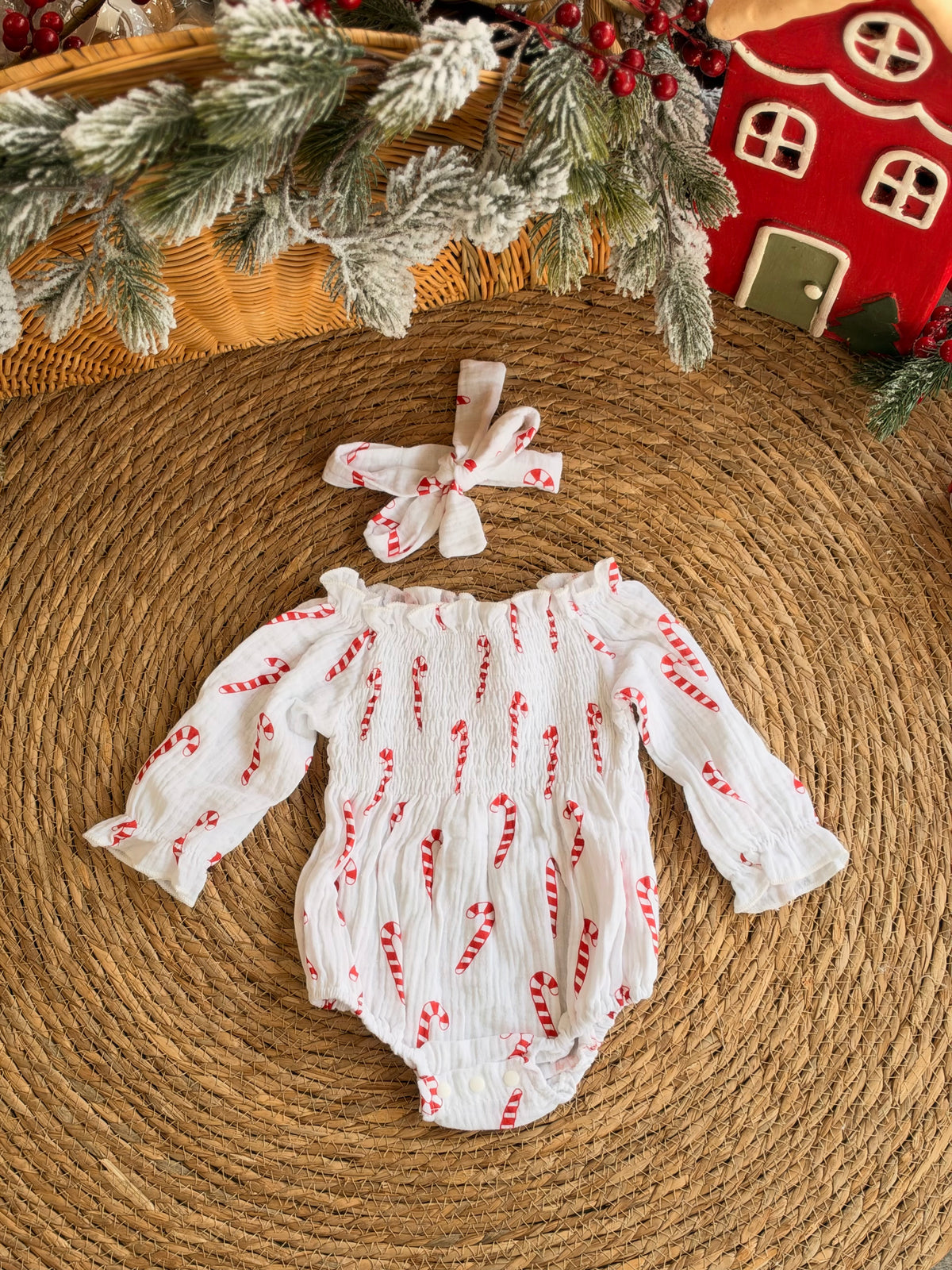 Candy Cane White Romper with Headband
