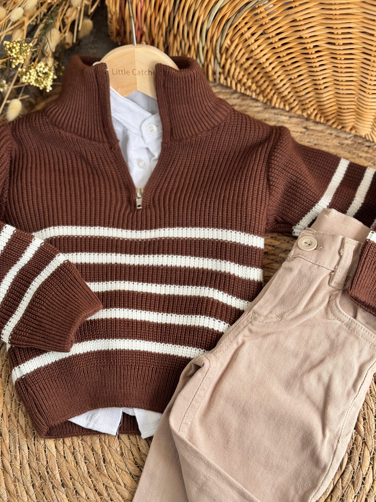 Monochrome Striped Knit Cardigan-Brown