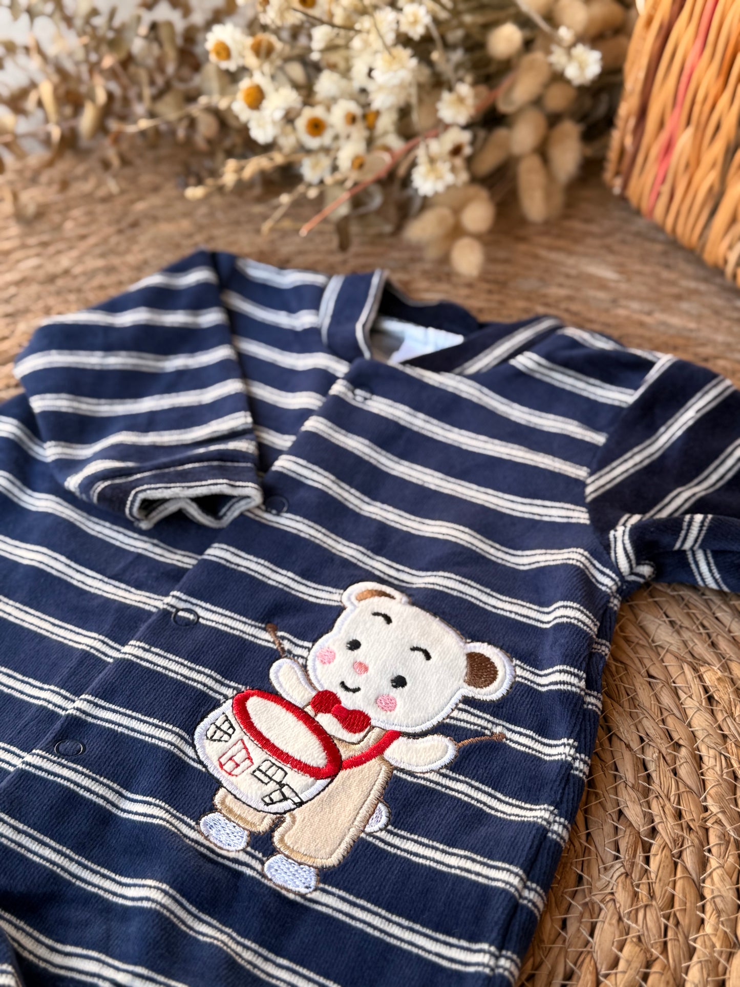 Baby Striped Footed Sleepsuit with Bear Drummer – Navy
