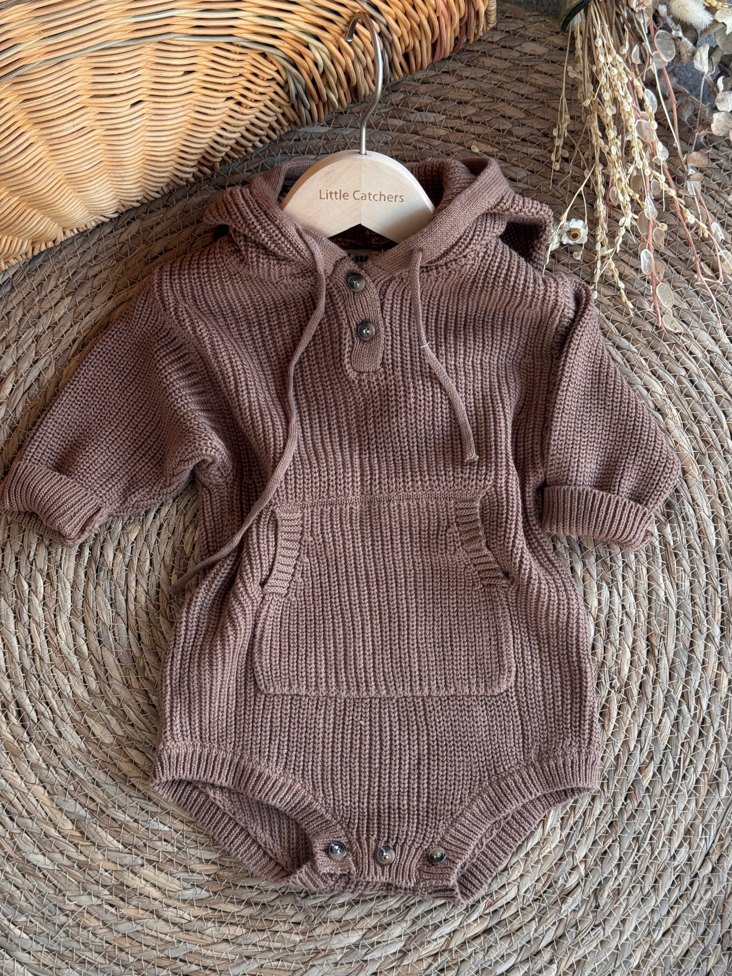 Ribbed Baby Knit Romper-Brown