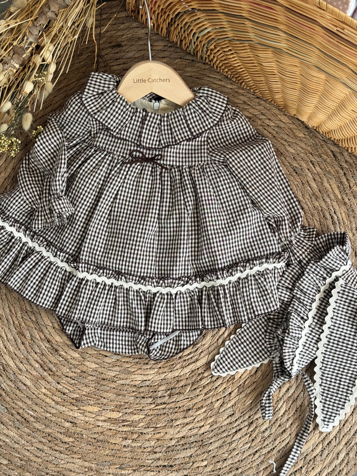 Classic Plaid Dress With Hat-Brown
