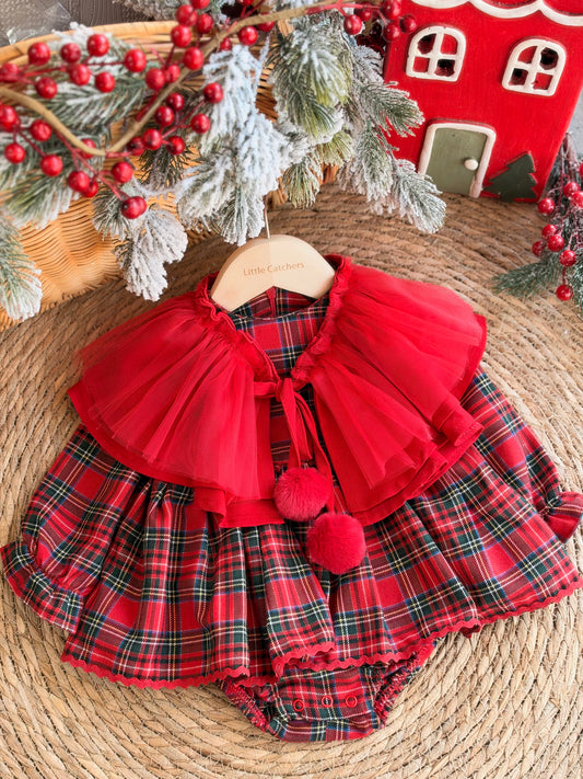 Red Tartan Baby Dress With Tulle Cape
