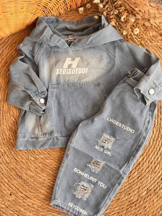 Street Style Denim Hoodie Set
