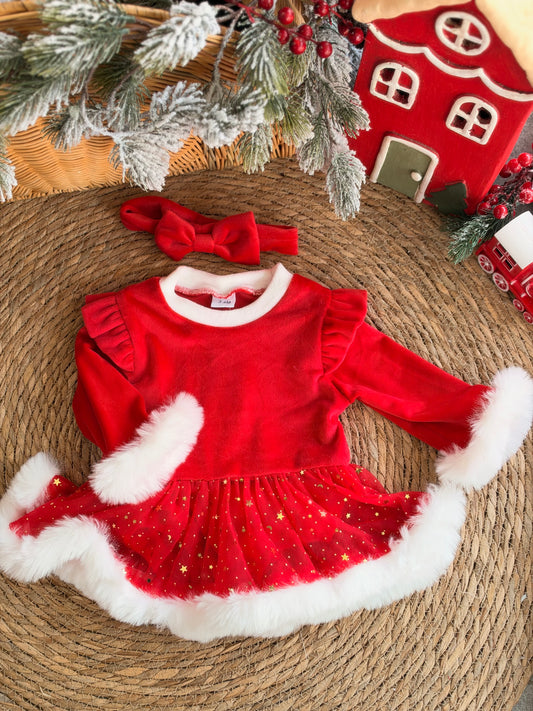 Red Christmas Baby Dress With White Faux Fur Trim & headband