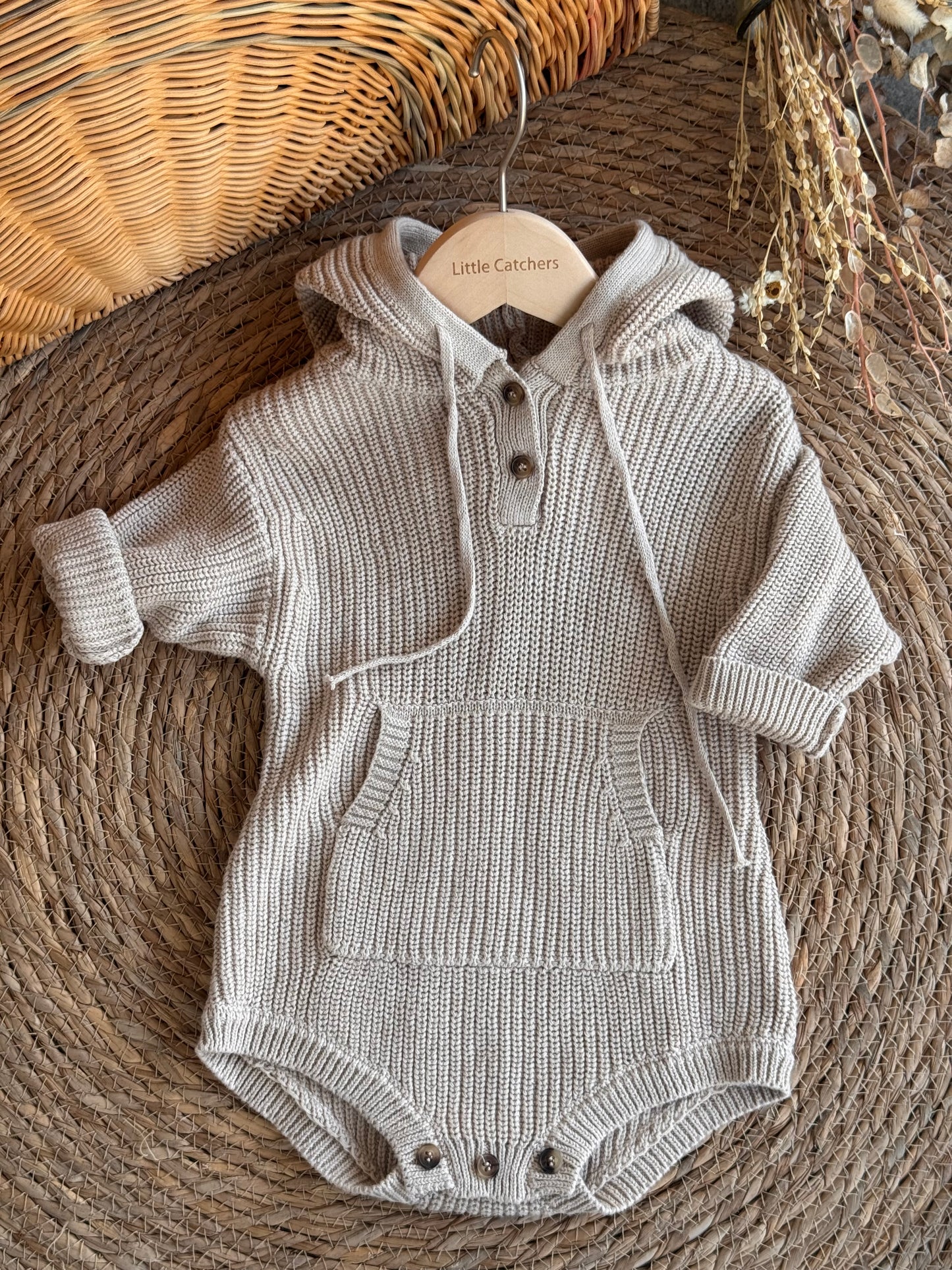 Ribbed Baby Knit Romper-Beige