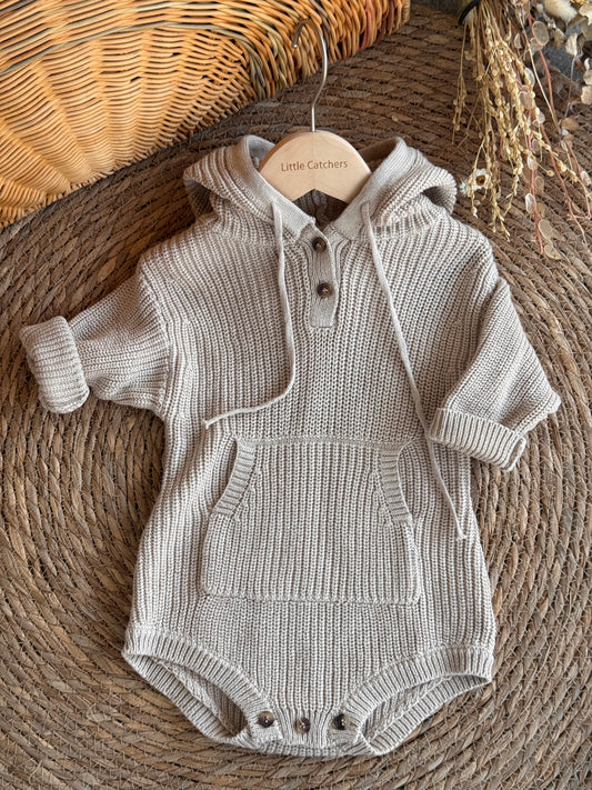 Ribbed Baby Knit Romper-Beige