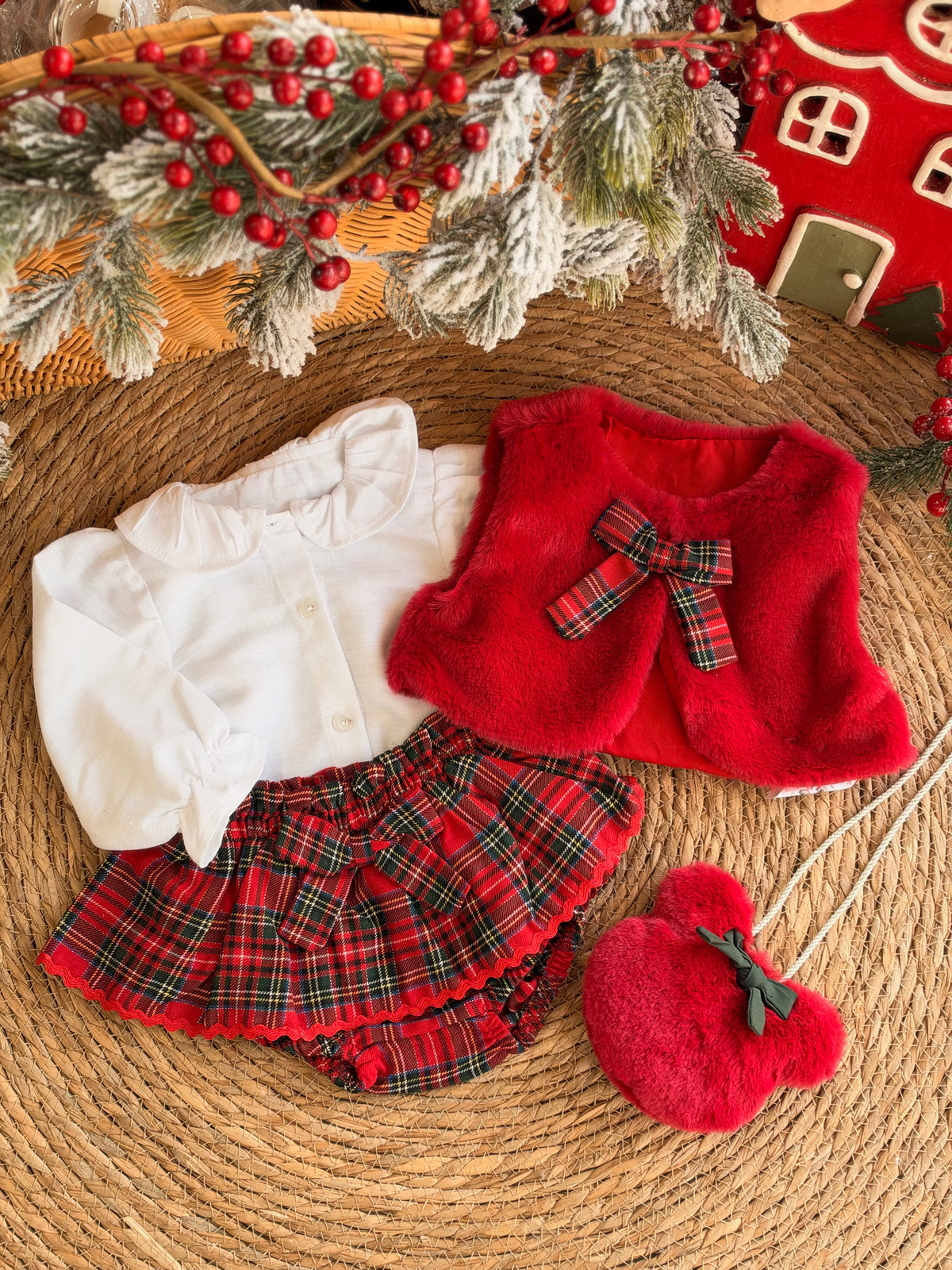 Little Miss Christmas-Red Velvet & Tartan Skirt Set of 4 pcs