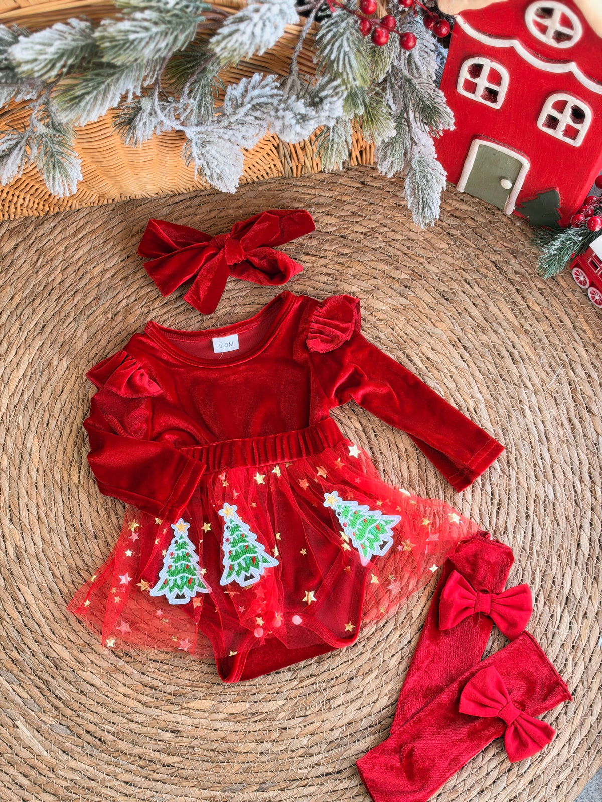 Emerald Christmas Tree Velvet Baby Dress Set-Red