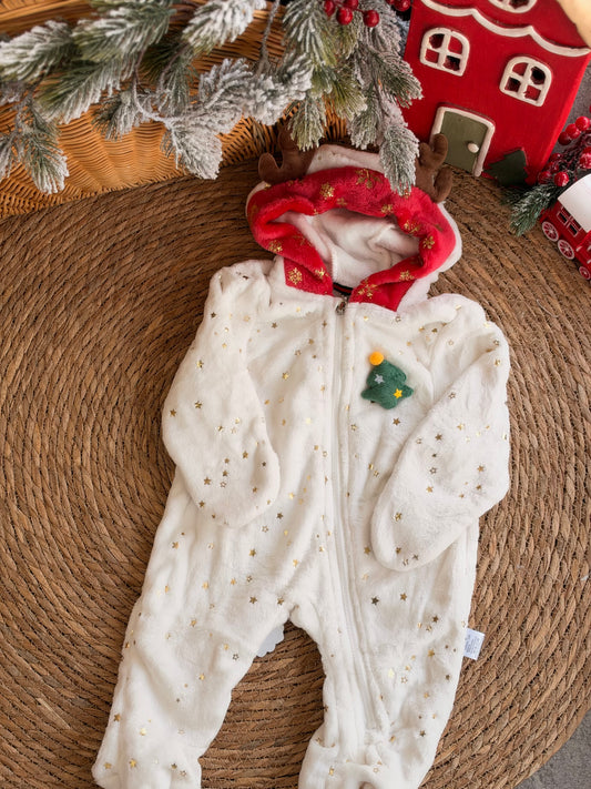 Cozy Christmas Baby Overall With Reindeer Hood