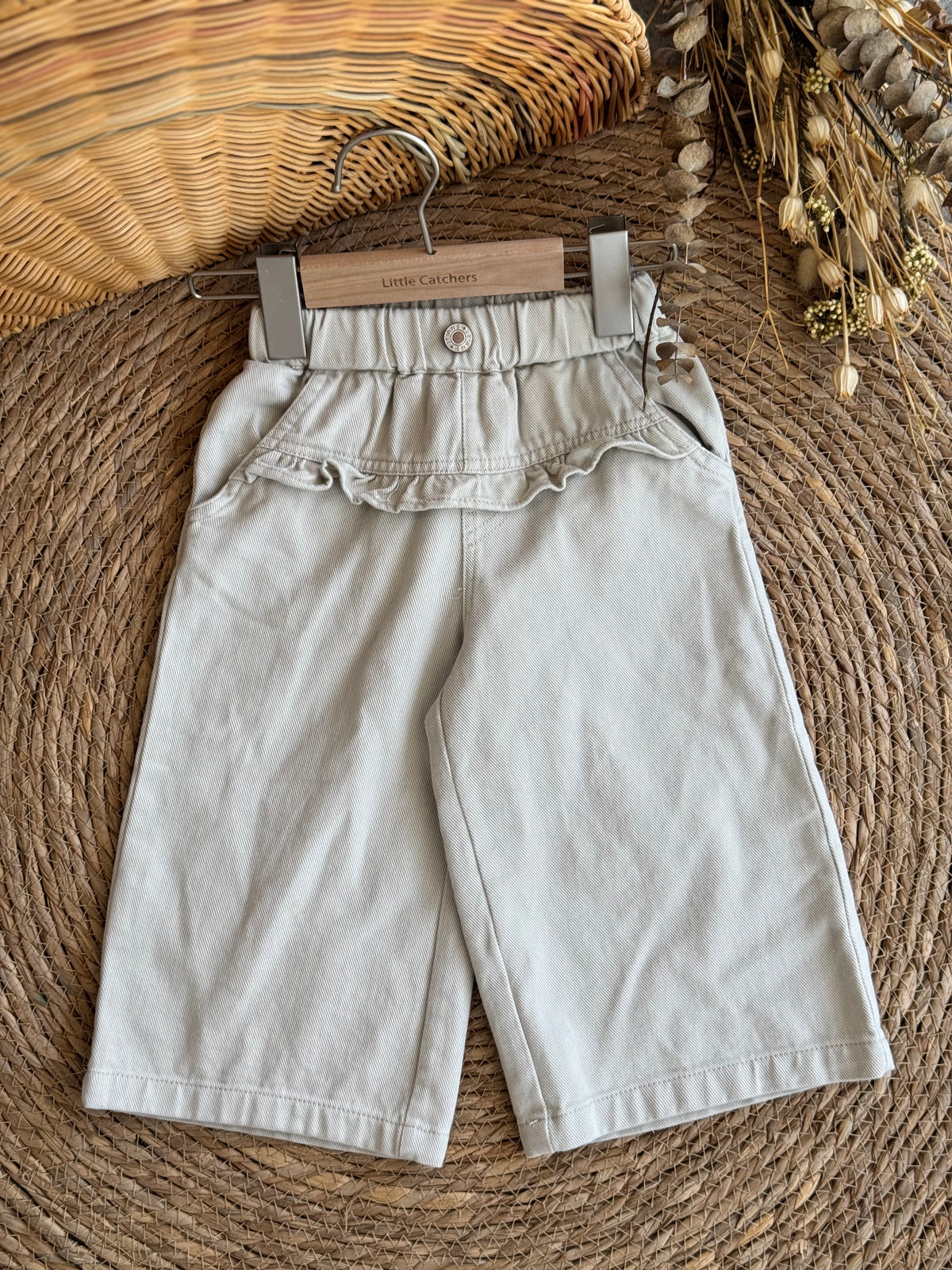 Ruffle Waist Denim Pants-Light grey
