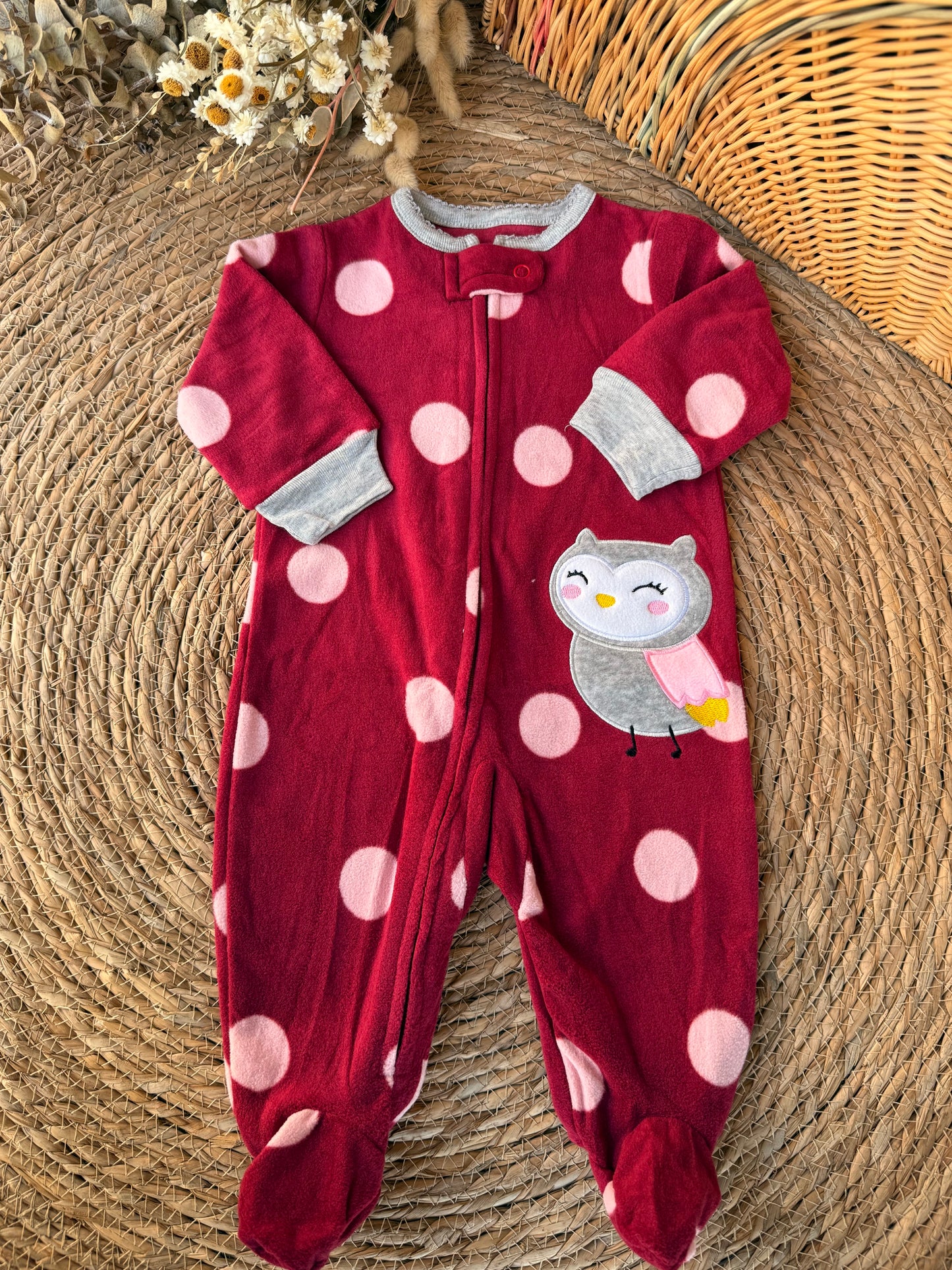 Baby Owl Polka Dot Footed Sleepsuit – Burgundy