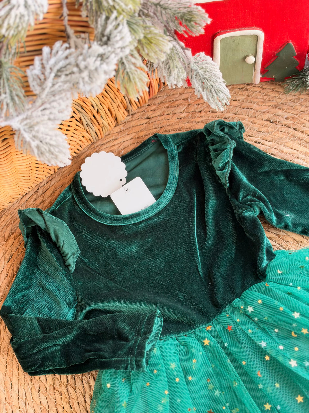 Christmas Green Velvet Dress With Starry Tulle Skirt