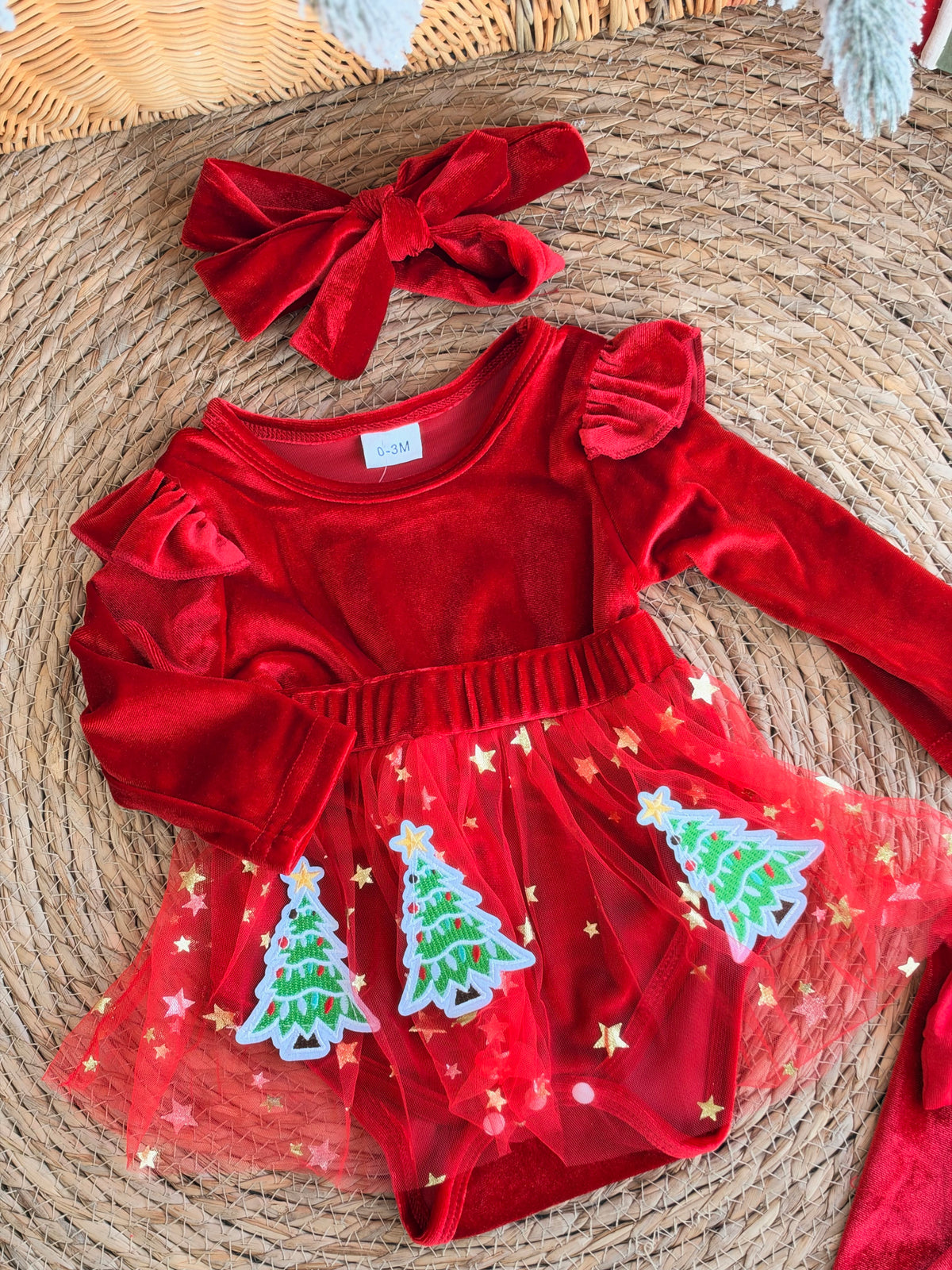 Emerald Christmas Tree Velvet Baby Dress Set-Red