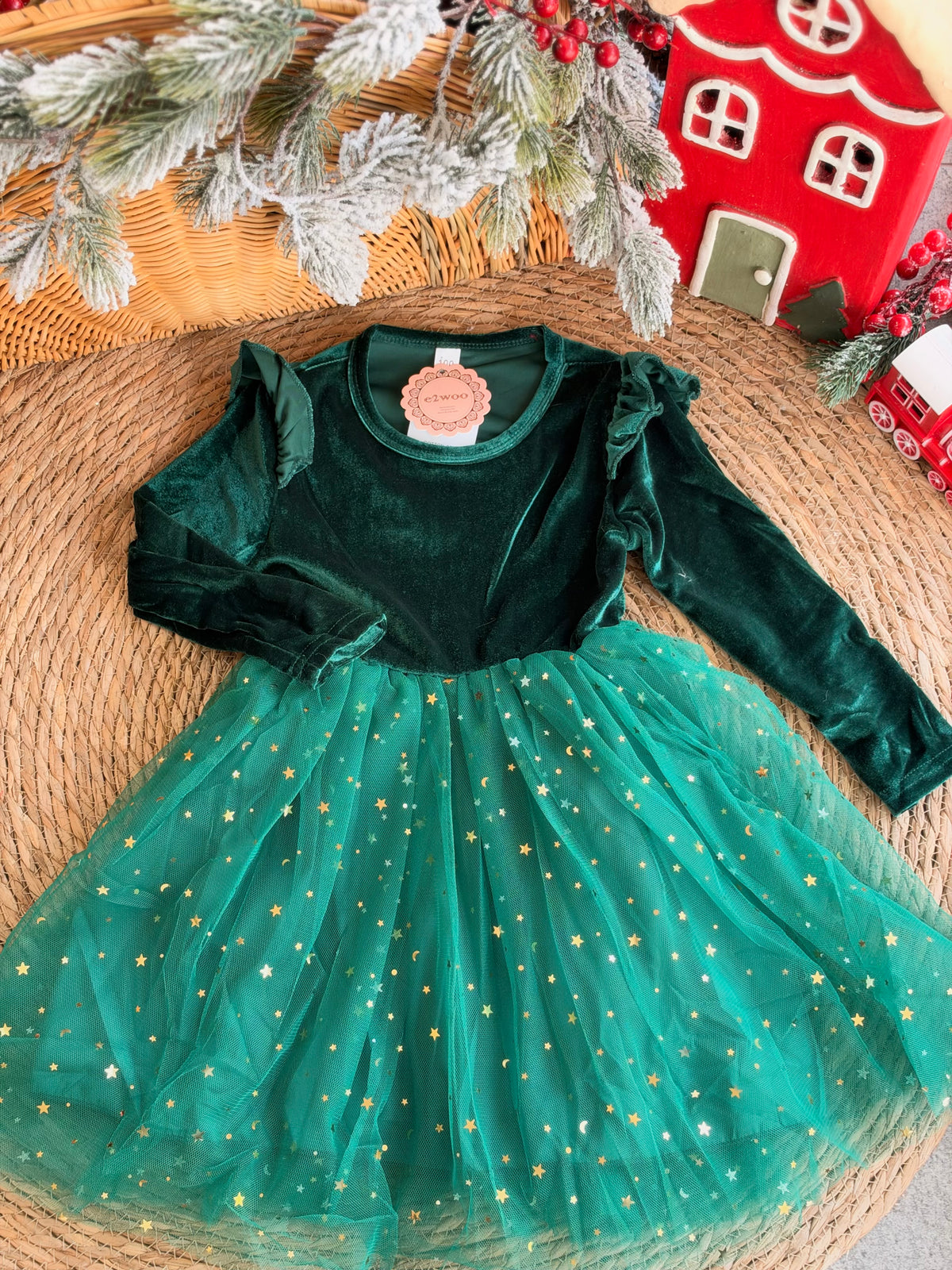 Christmas Green Velvet Dress With Starry Tulle Skirt