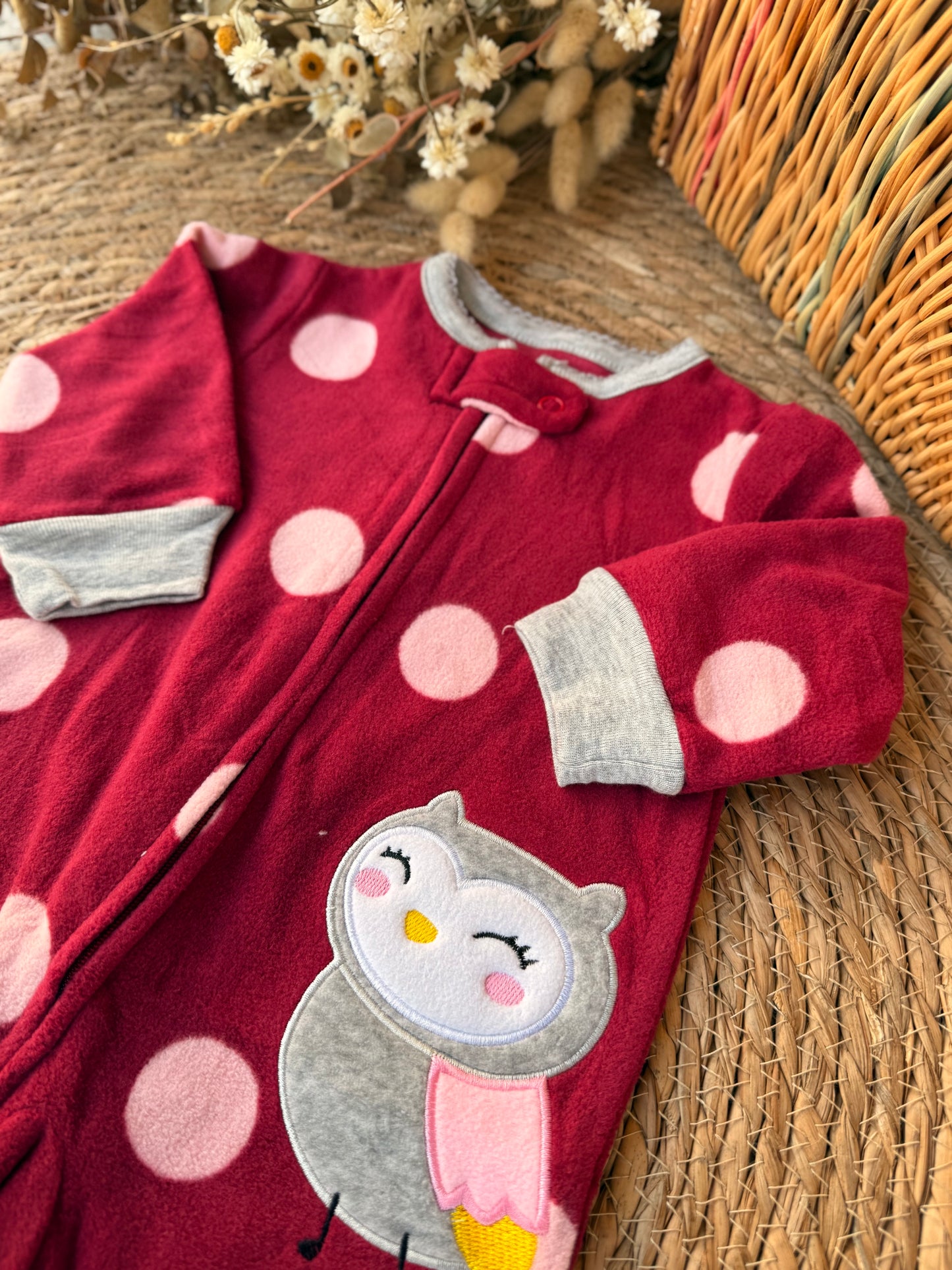 Baby Owl Polka Dot Footed Sleepsuit – Burgundy