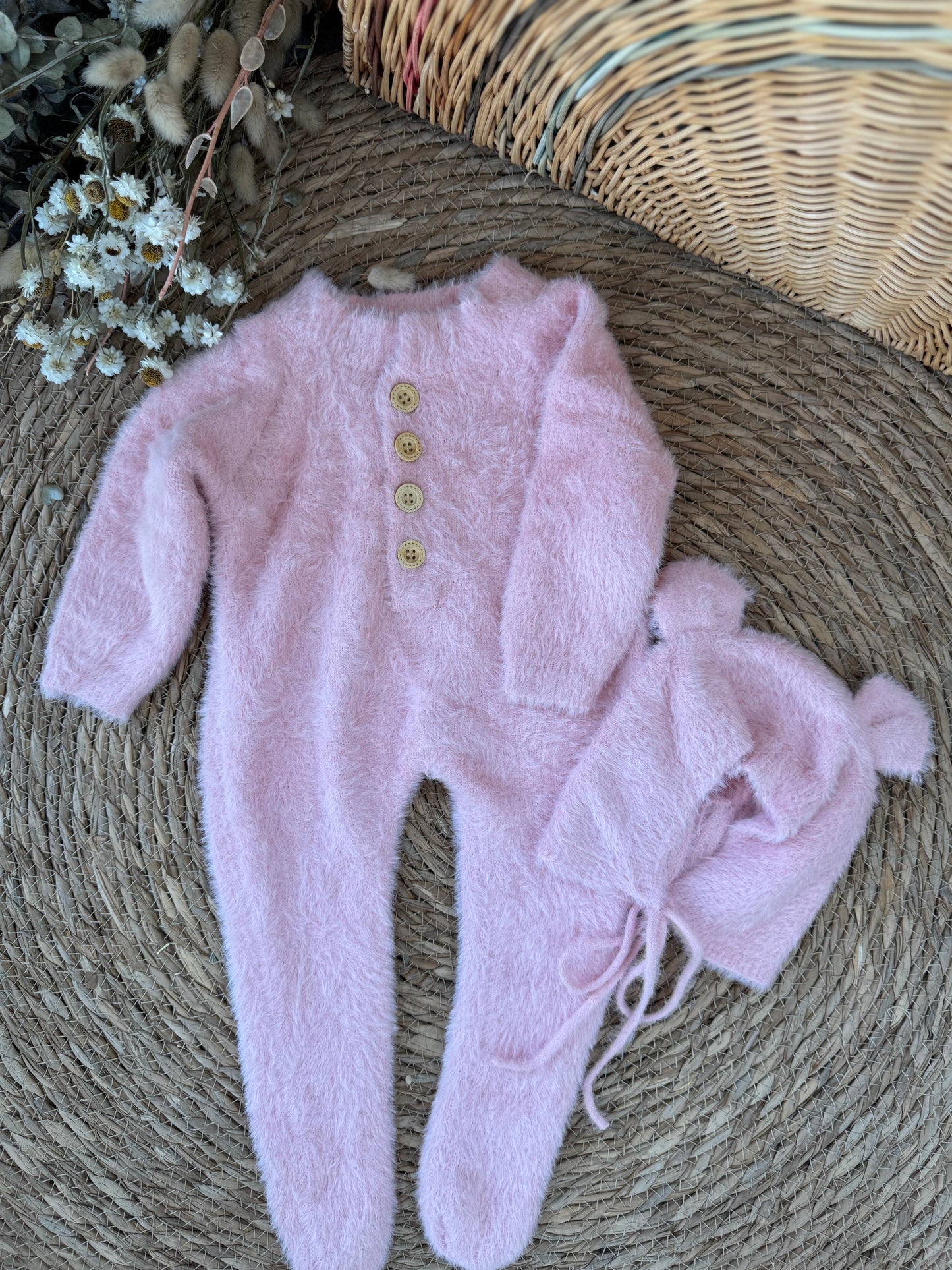 Fluffy Knit Baby Romper with Bonnet