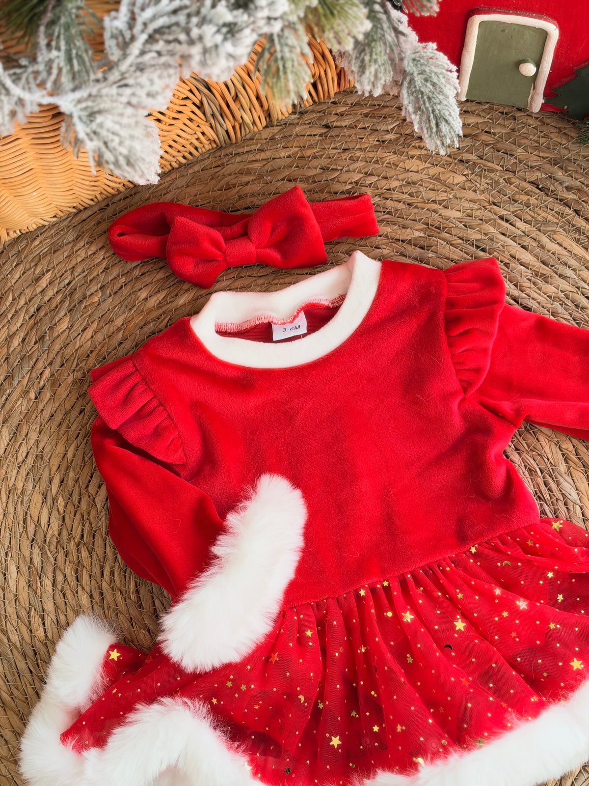 Red Christmas Baby Dress With White Faux Fur Trim & headband