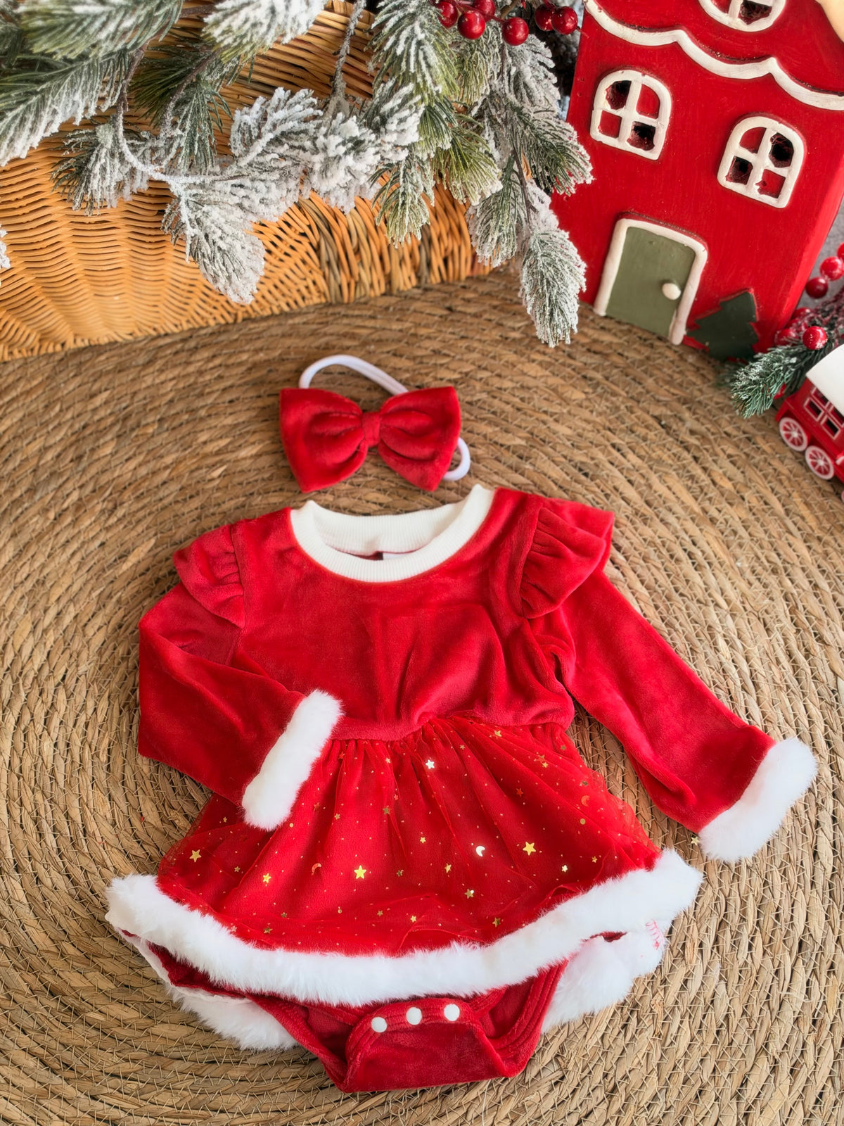 Red Christmas Baby Dress With White Faux Fur Trim