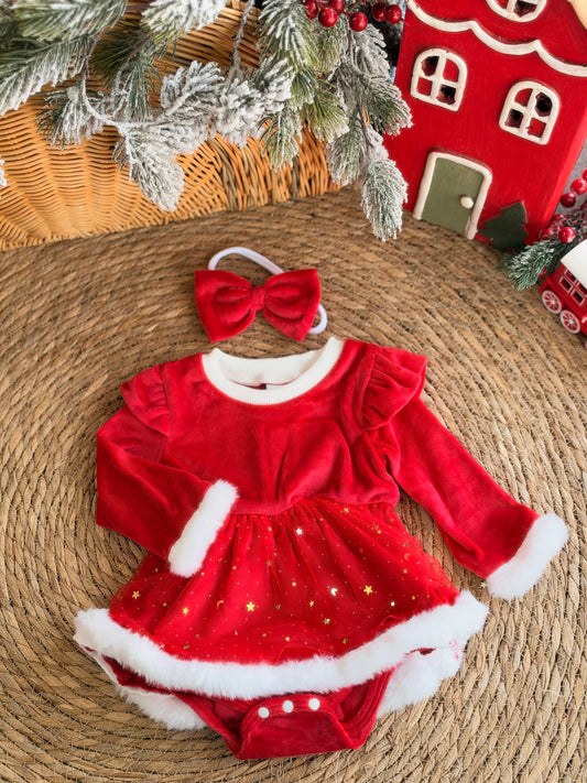 Red Christmas Baby Dress With White Faux Fur Trim