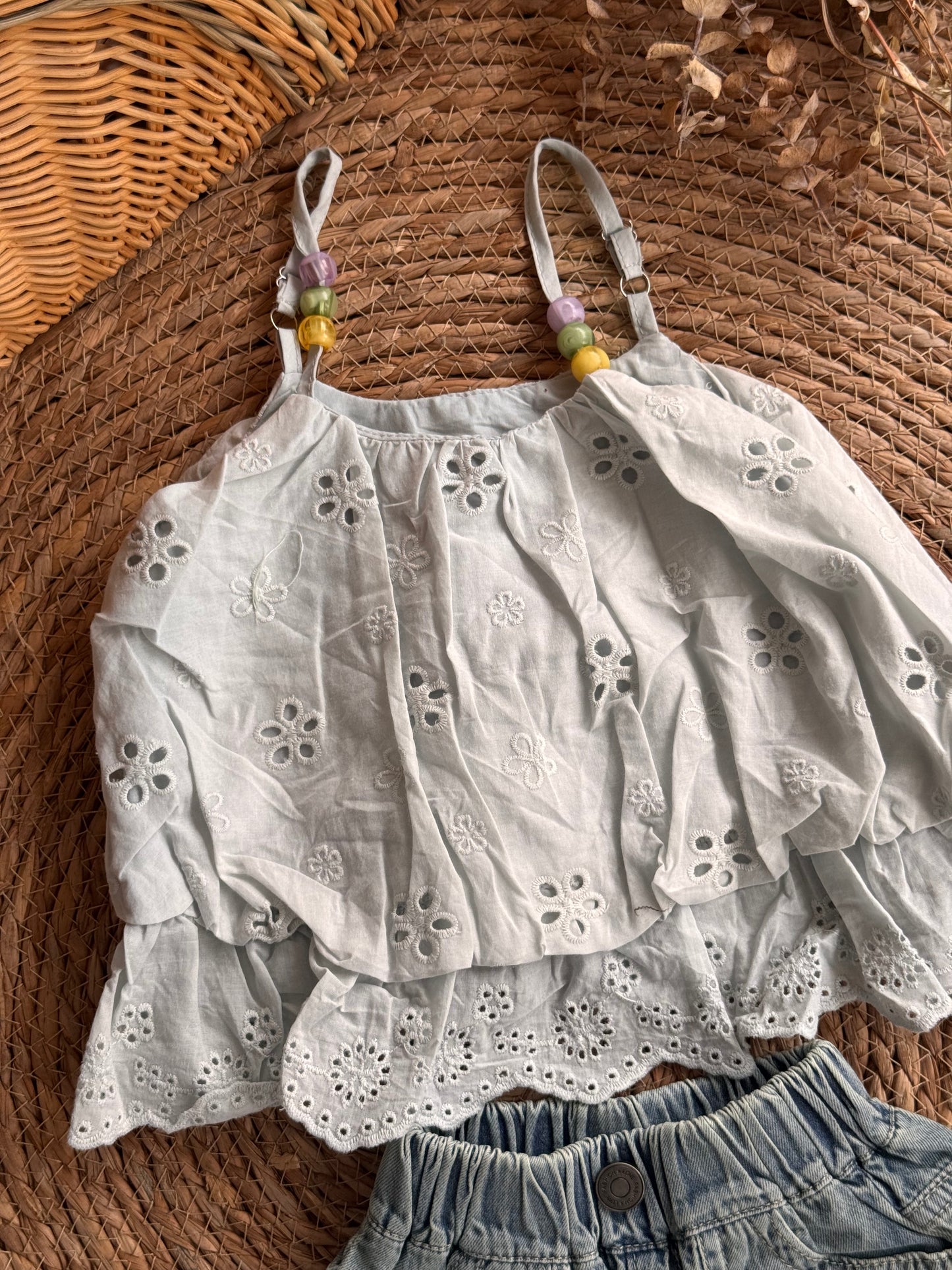 Pastel Bead Eyelet Top & Denim Cargo Shorts Set