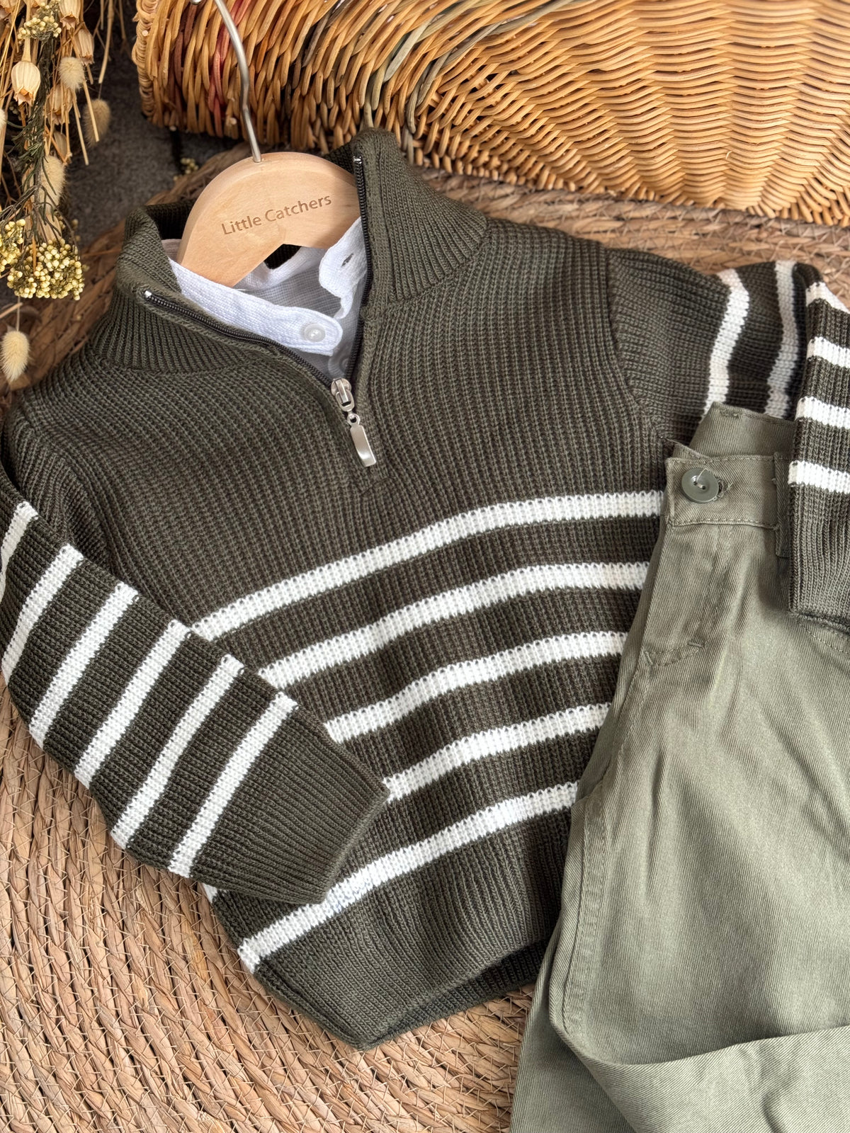 Monochrome Striped Knit Cardigan-Sage green