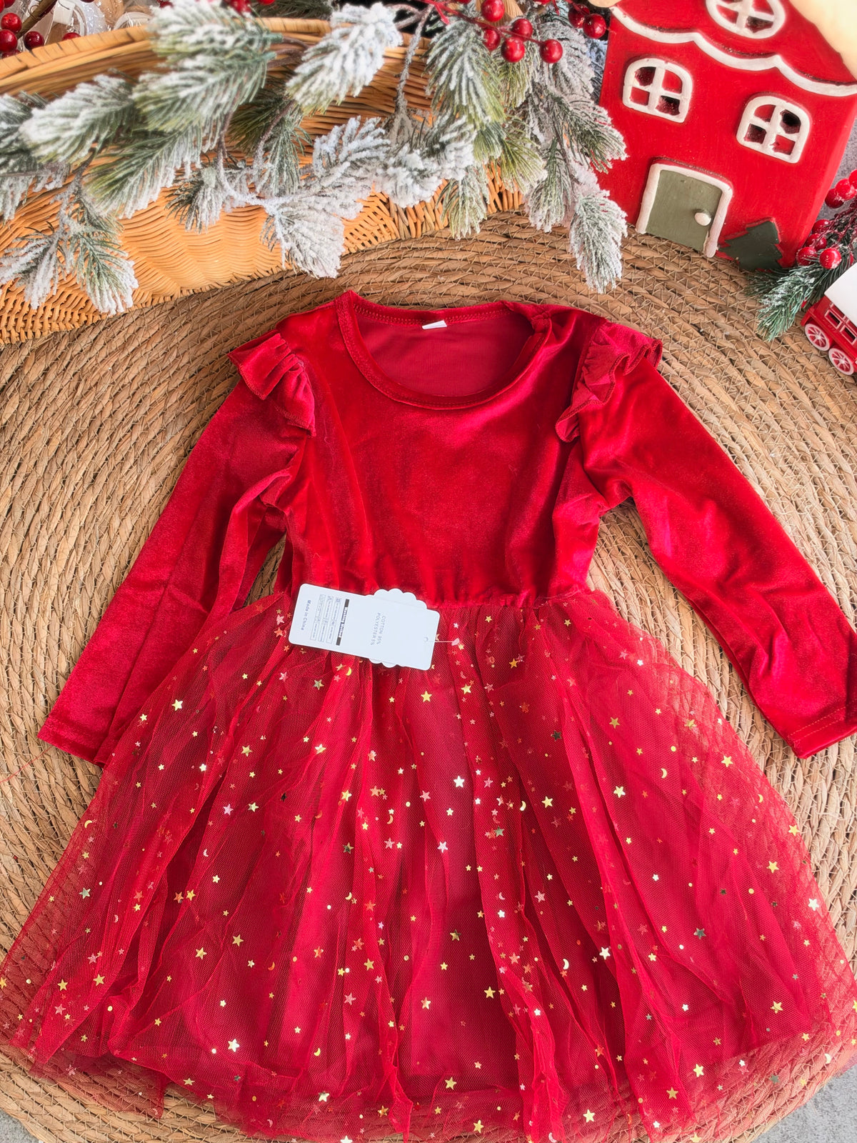 Christmas Red Velvet Dress With Starry Tulle Skirt