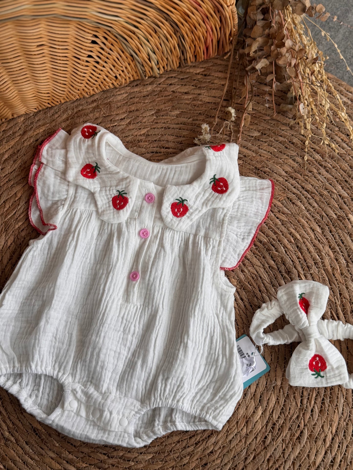 Strawberry Linen Romper with Headband